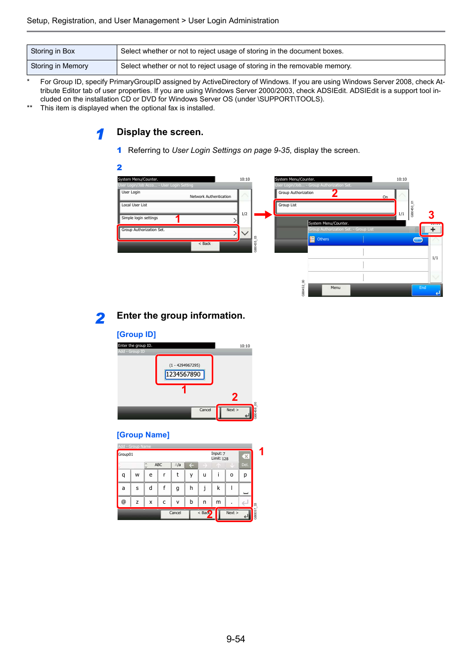Display the screen, Enter the group information, Group id] [group name | TA Triumph-Adler 206ci User Manual | Page 294 / 382