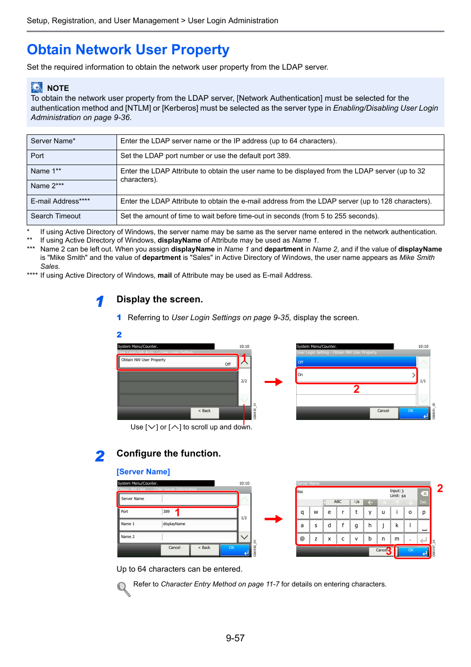 Obtain network user property, Obtain network user property -57, Display the screen | Configure the function, Server name] up to 64 characters can be entered | TA Triumph-Adler 206ci User Manual | Page 297 / 382