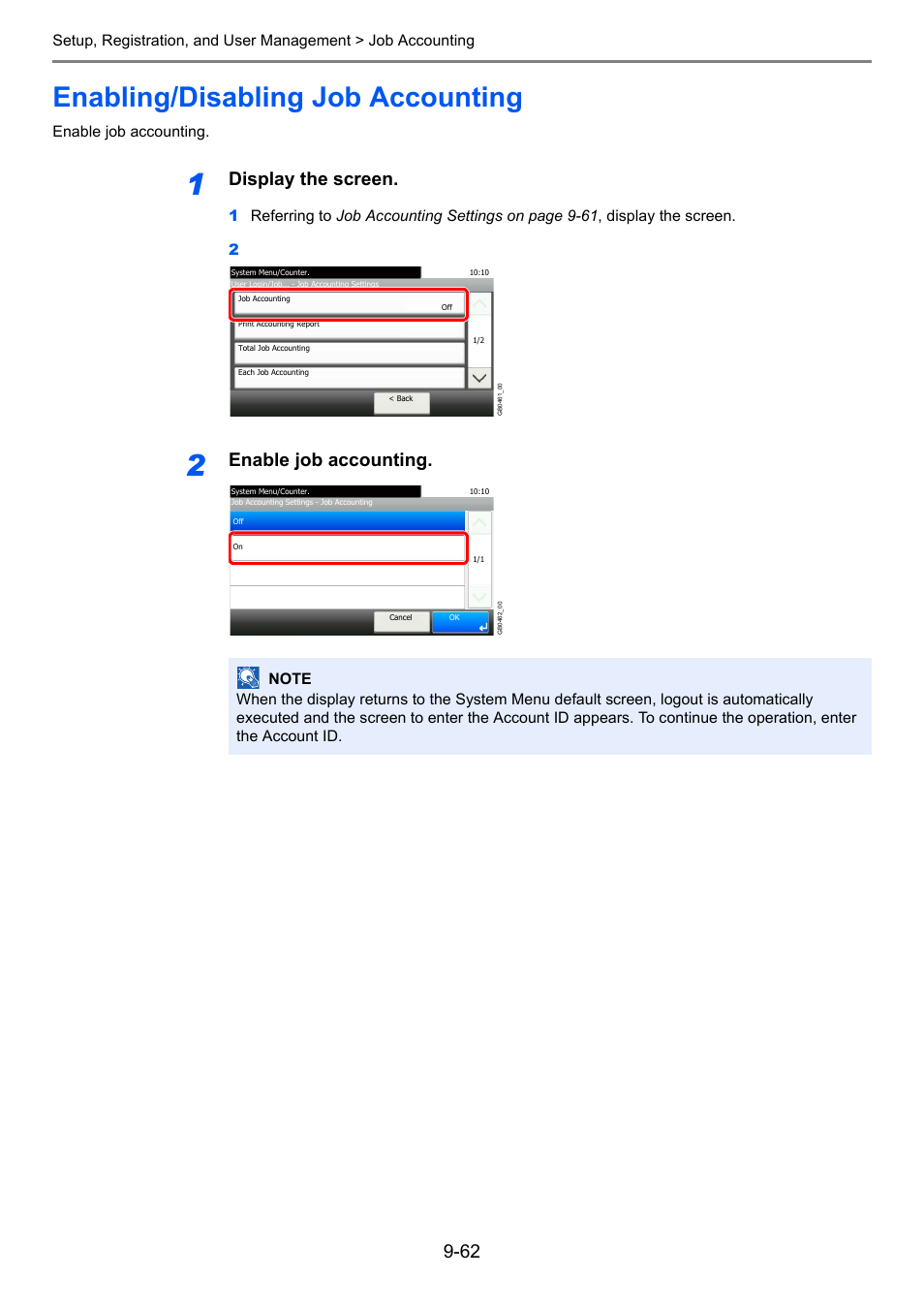 Enabling/disabling job accounting, Enabling/disabling job accounting -62, Display the screen | Enable job accounting | TA Triumph-Adler 206ci User Manual | Page 302 / 382