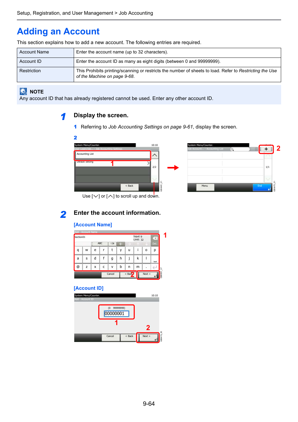 Adding an account, Adding an account -64, Age 9-64 ) | Display the screen, Enter the account information, Account name] [account id | TA Triumph-Adler 206ci User Manual | Page 304 / 382