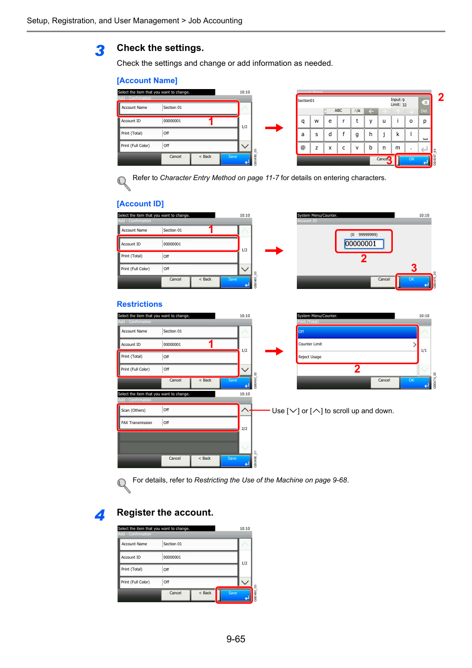 Check the settings, Register the account, Account id] restrictions | Use [ ] or [ ] to scroll up and down | TA Triumph-Adler 206ci User Manual | Page 305 / 382