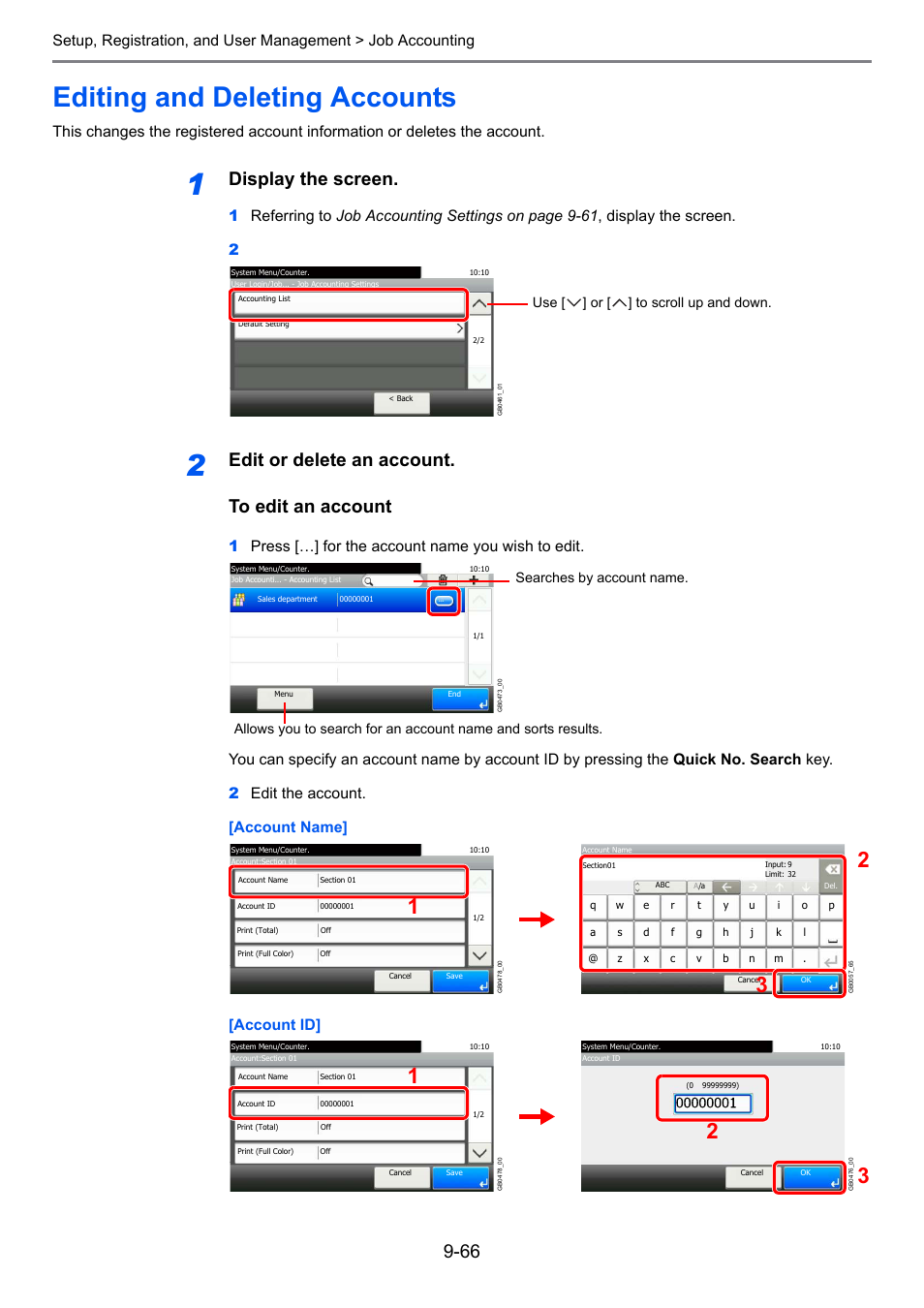 Editing and deleting accounts, Editing and deleting accounts -66, Display the screen | Edit or delete an account. to edit an account | TA Triumph-Adler 206ci User Manual | Page 306 / 382