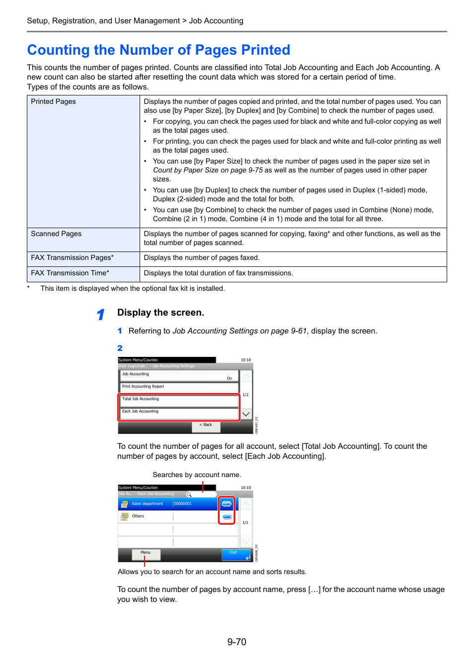 Ge 9-70, E 9-70 ), Age 9-70 | E 9-70, Counting the number of pages printed, Display the screen | TA Triumph-Adler 206ci User Manual | Page 310 / 382