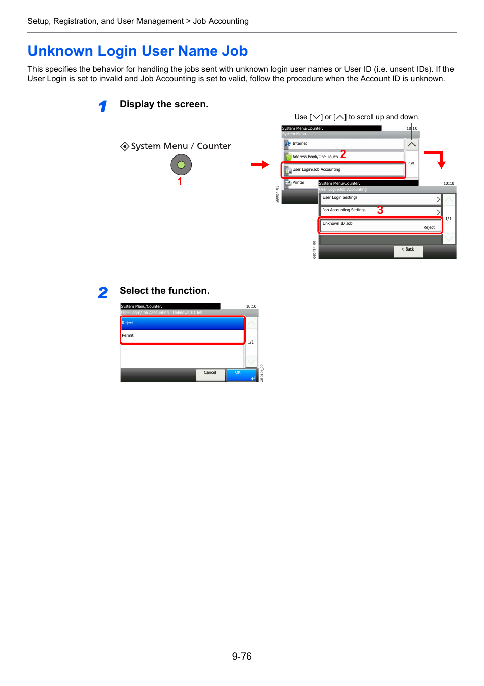 Unknown login user name job, Unknown login user name job -76, Display the screen | Select the function | TA Triumph-Adler 206ci User Manual | Page 316 / 382