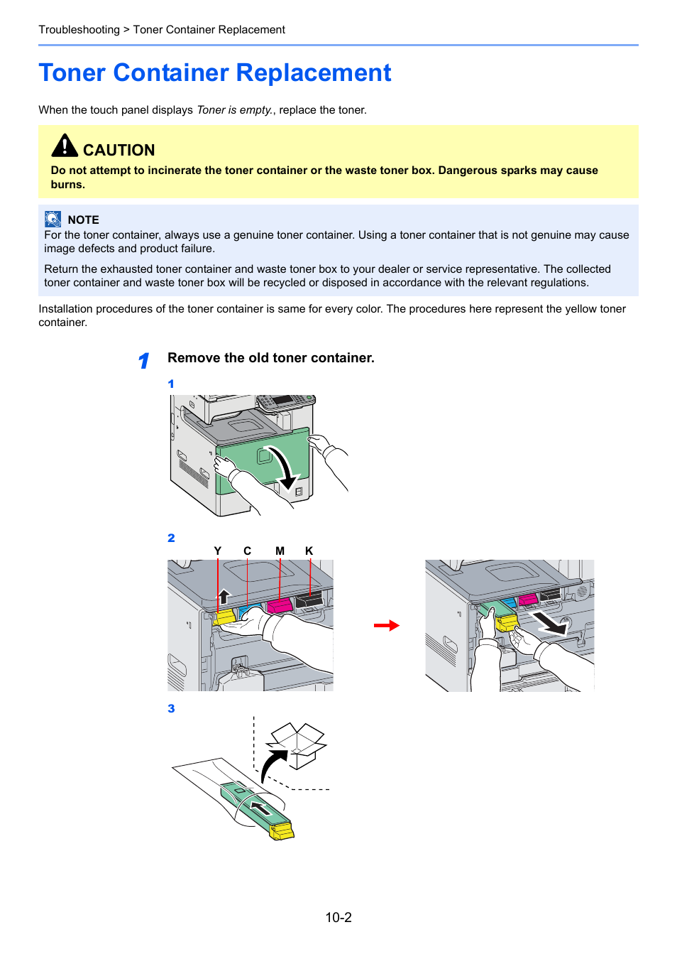 Toner container replacement, Toner container replacement -2, Caution | TA Triumph-Adler 206ci User Manual | Page 318 / 382
