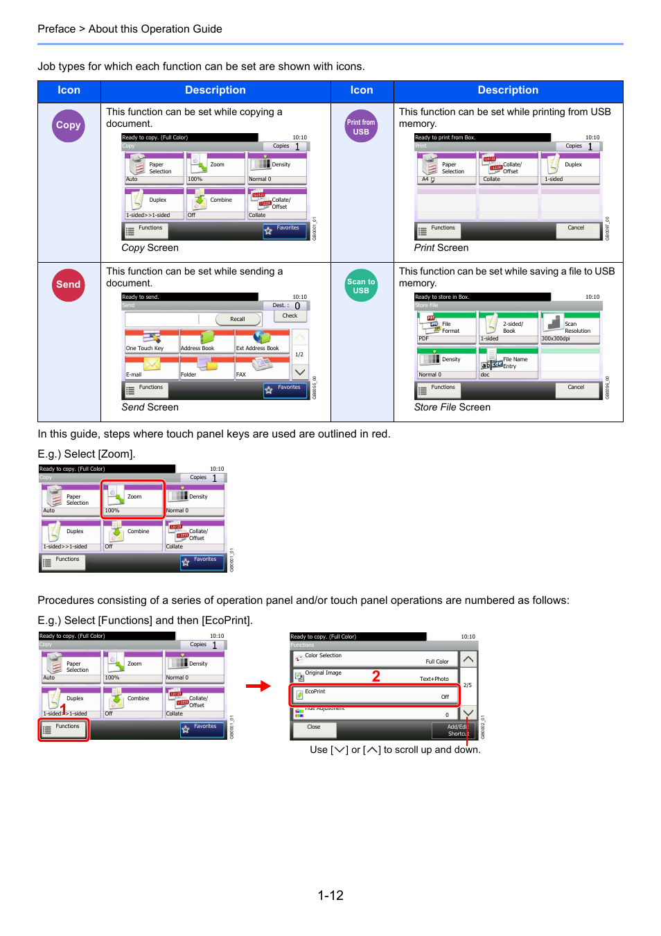 Copy screen, Print screen, Send send screen | Store file screen, Use [ ] or [ ] to scroll up and down | TA Triumph-Adler 206ci User Manual | Page 34 / 382