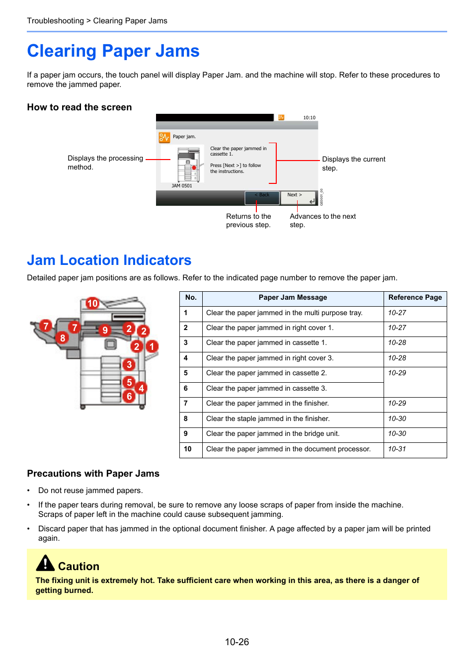 Clearing paper jams, Jam location indicators, Clearing paper jams -26 | Jam location indicators -26, Caution, How to read the screen, Precautions with paper jams | TA Triumph-Adler 206ci User Manual | Page 342 / 382