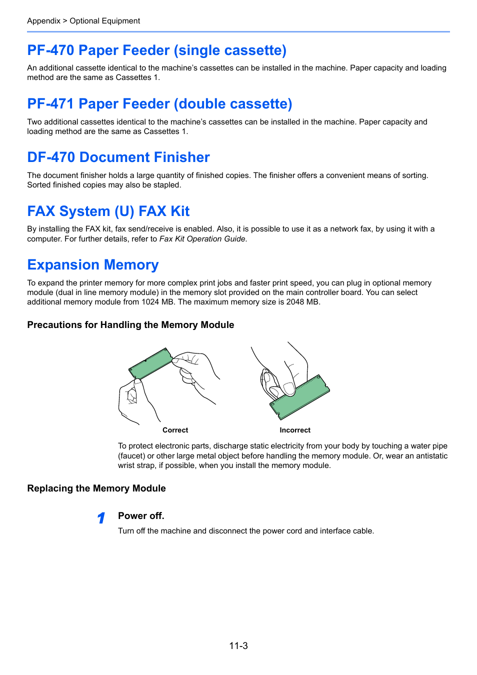 Pf-470 paper feeder (single cassette), Pf-471 paper feeder (double cassette), Df-470 document finisher | Fax system (u) fax kit, Expansion memory | TA Triumph-Adler 206ci User Manual | Page 351 / 382