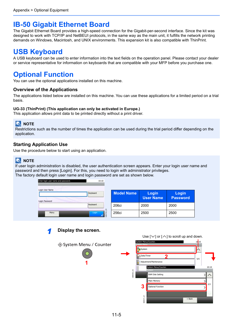 Ib-50 gigabit ethernet board, Usb keyboard, Optional function | Ge 11-5 ), Overview of the applications, Starting application use, Display the screen | TA Triumph-Adler 206ci User Manual | Page 353 / 382
