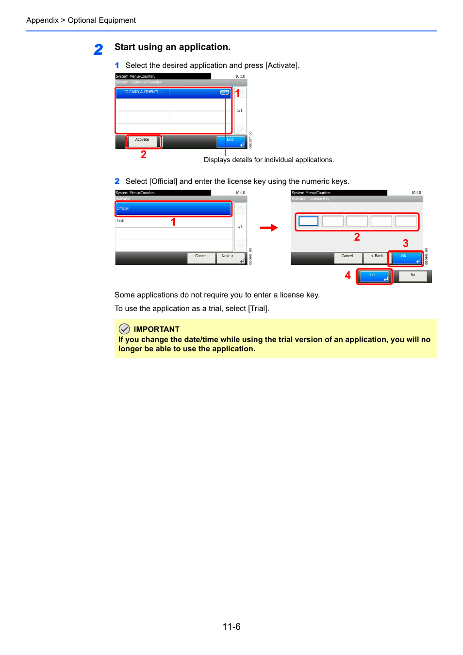 Start using an application, Appendix > optional equipment | TA Triumph-Adler 206ci User Manual | Page 354 / 382