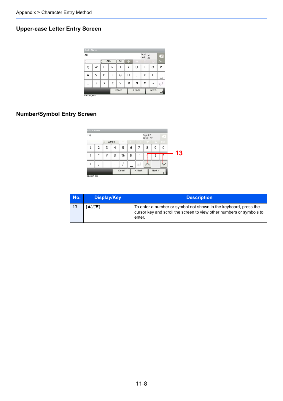 Appendix > character entry method, No. display/key description | TA Triumph-Adler 206ci User Manual | Page 356 / 382