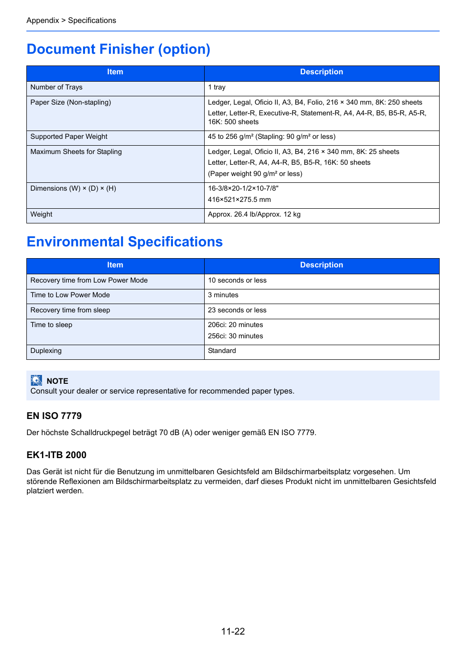 Document finisher (option), Environmental specifications, En iso 7779 | TA Triumph-Adler 206ci User Manual | Page 370 / 382