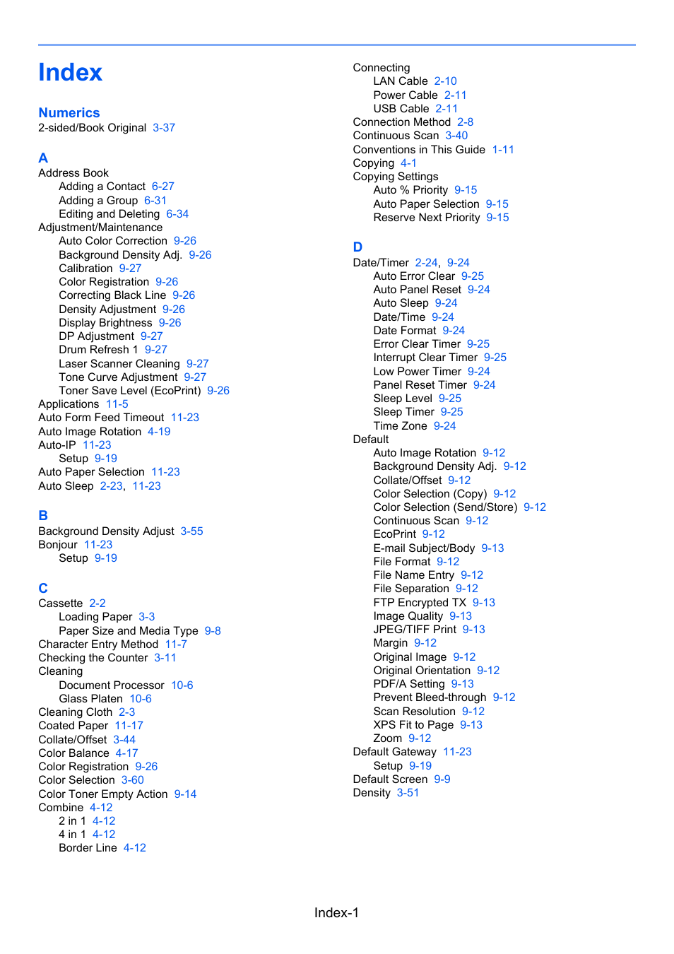 Index, Index-1, Numerics | TA Triumph-Adler 206ci User Manual | Page 375 / 382