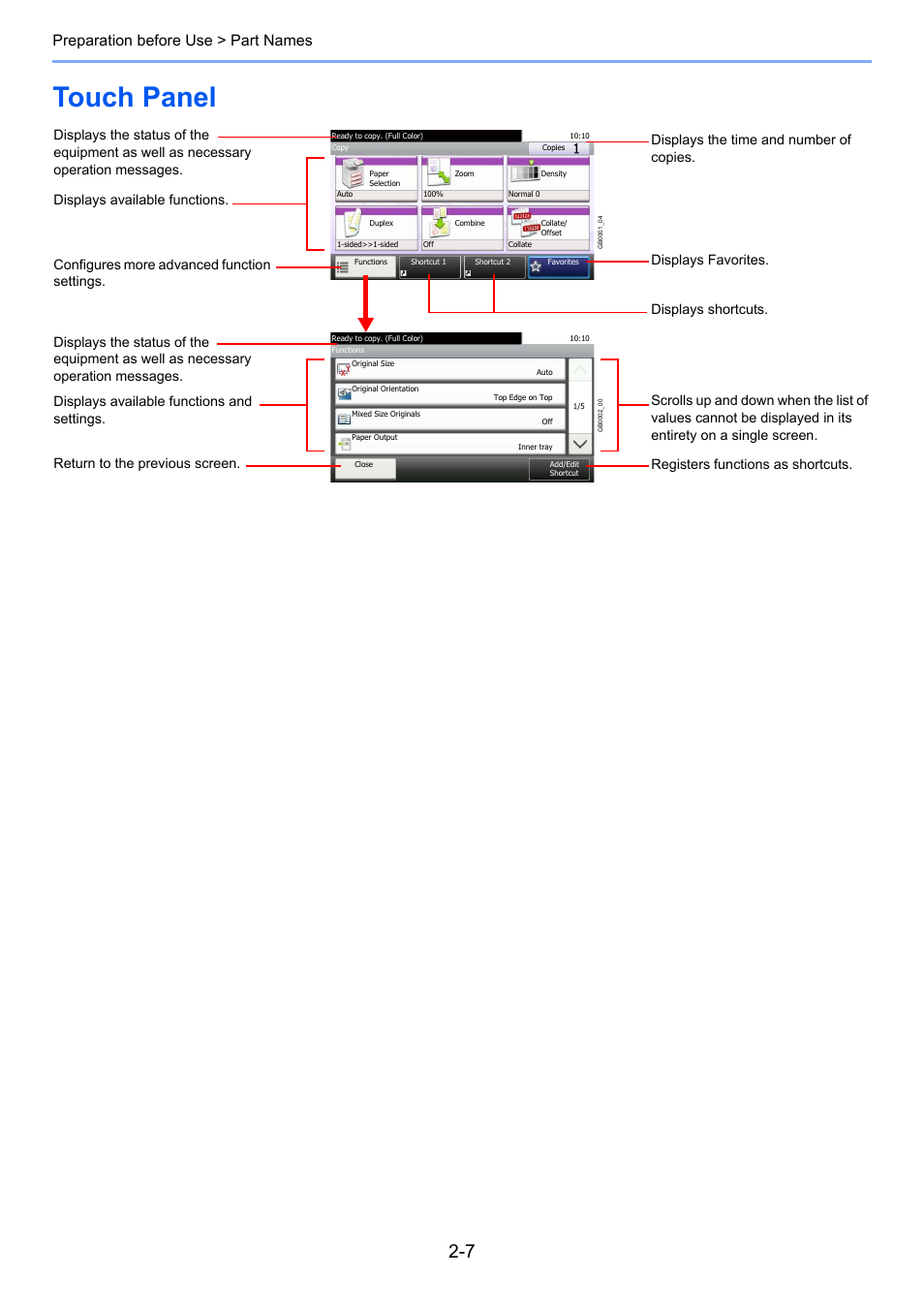 Touch panel, Touch panel -7, Preparation before use > part names | TA Triumph-Adler 206ci User Manual | Page 43 / 382