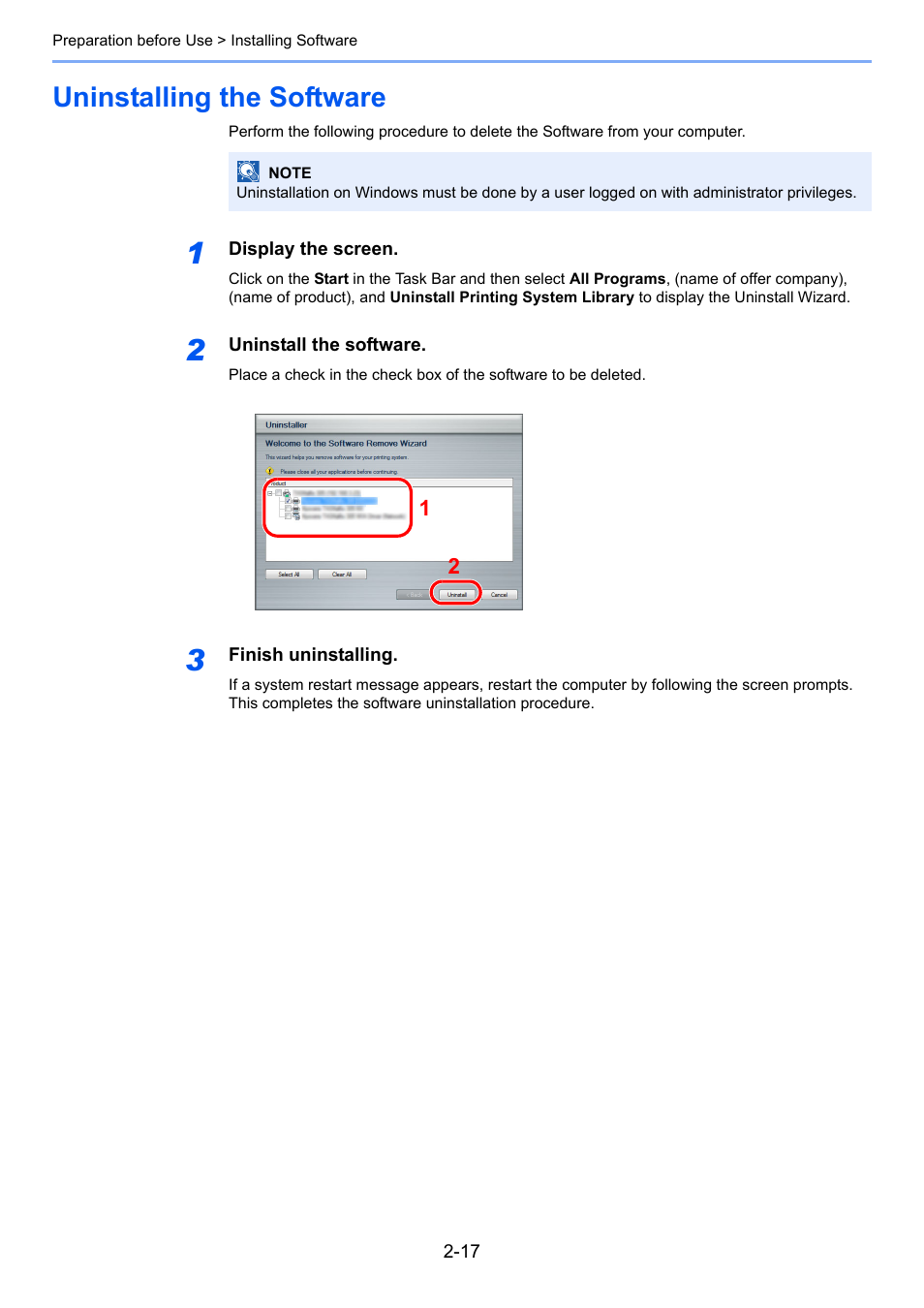 Uninstalling the software, Uninstalling the software -17 | TA Triumph-Adler 206ci User Manual | Page 53 / 382
