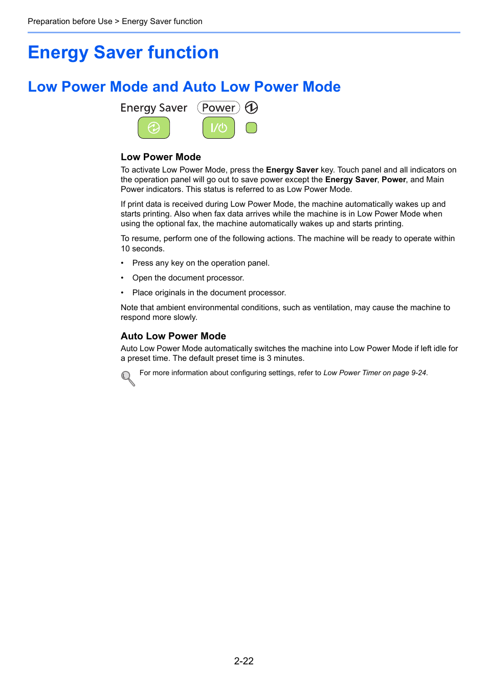 Energy saver function, Low power mode and auto low power mode, Energy saver function -22 | Low power mode and auto low power mode -22 | TA Triumph-Adler 206ci User Manual | Page 58 / 382