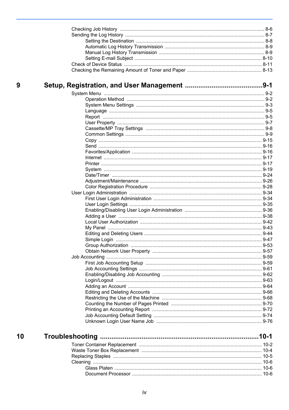 9setup, registration, and user management -1, 10 troubleshooting -1 | TA Triumph-Adler 206ci User Manual | Page 6 / 382