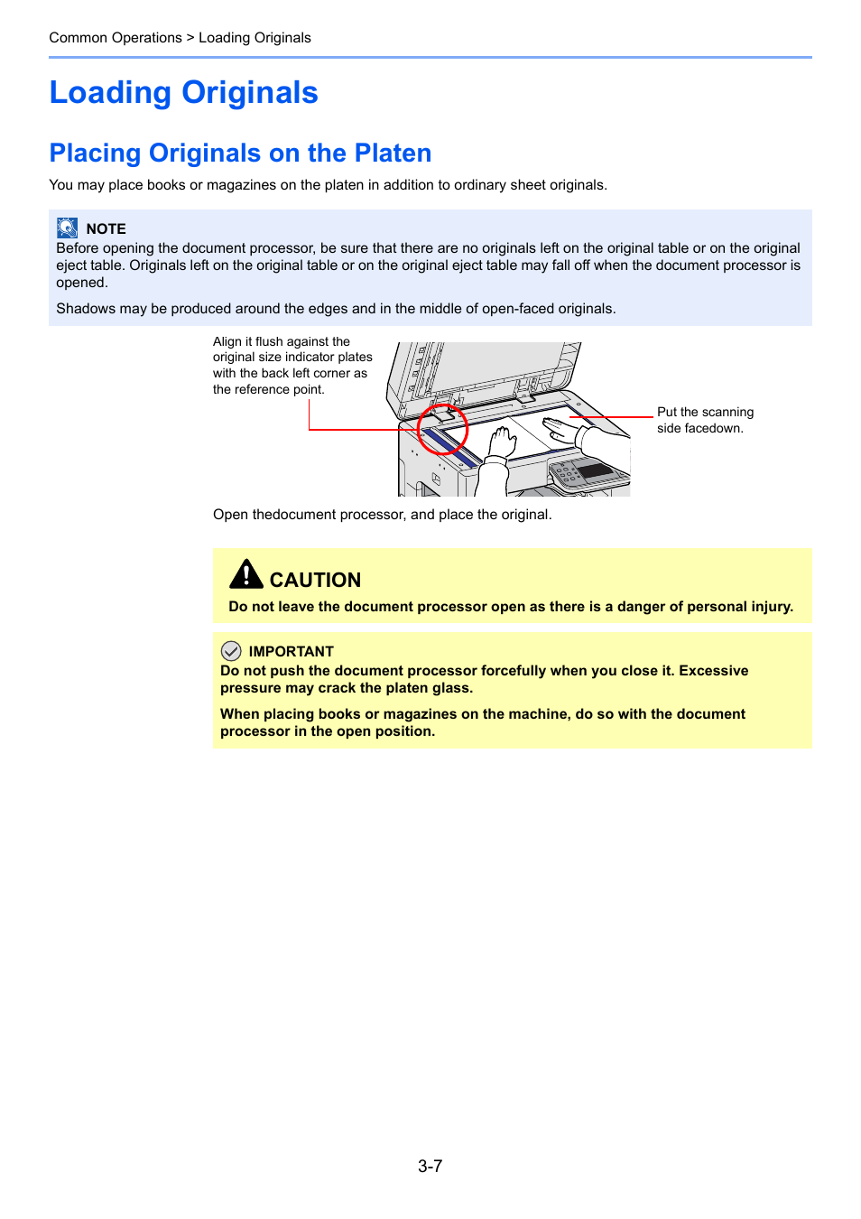 Loading originals, Placing originals on the platen, Loading originals -7 | Placing originals on the platen -7, Originals -7, Caution | TA Triumph-Adler 206ci User Manual | Page 71 / 382