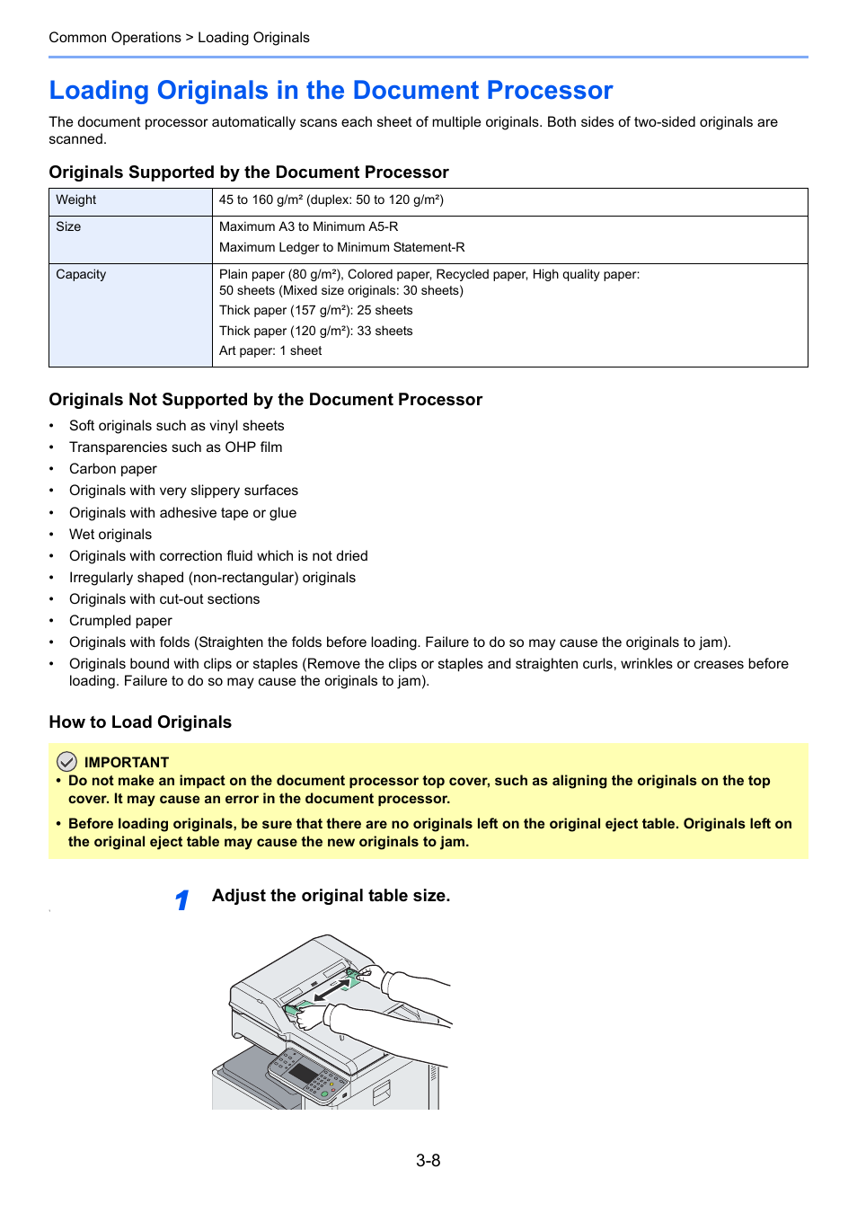 Loading originals in the document processor, Loading originals in the document processor -8 | TA Triumph-Adler 206ci User Manual | Page 72 / 382
