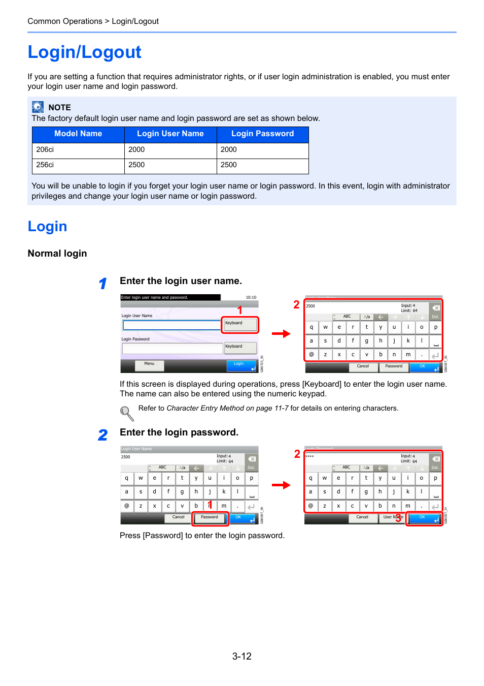 Login/logout, Login, Login/logout -12 | Login -12, Normal login, Enter the login user name, Enter the login password, Common operations > login/logout | TA Triumph-Adler 206ci User Manual | Page 76 / 382
