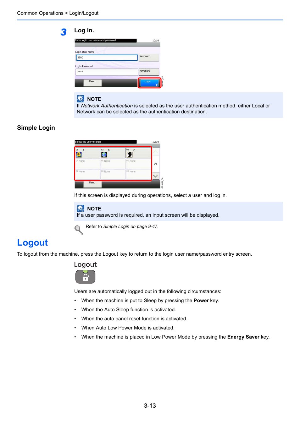 Logout, Logout -13, Log in. simple login | Common operations > login/logout, Refe r to simple login on page 9-47 | TA Triumph-Adler 206ci User Manual | Page 77 / 382
