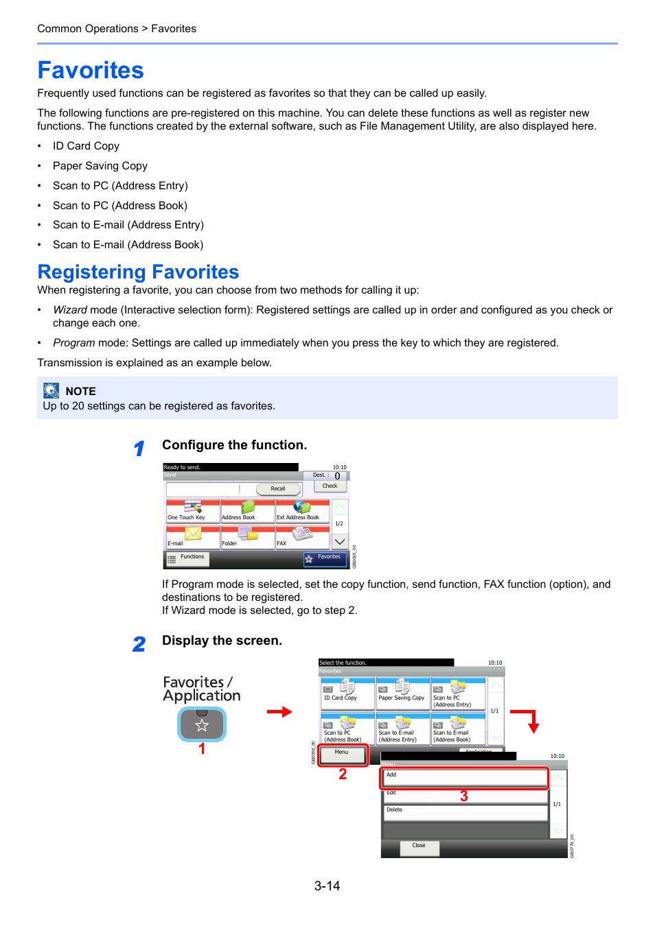 Favorites, Registering favorites, Favorites -14 | Registering favorites -14, Configure the function, Display the screen | TA Triumph-Adler 206ci User Manual | Page 78 / 382