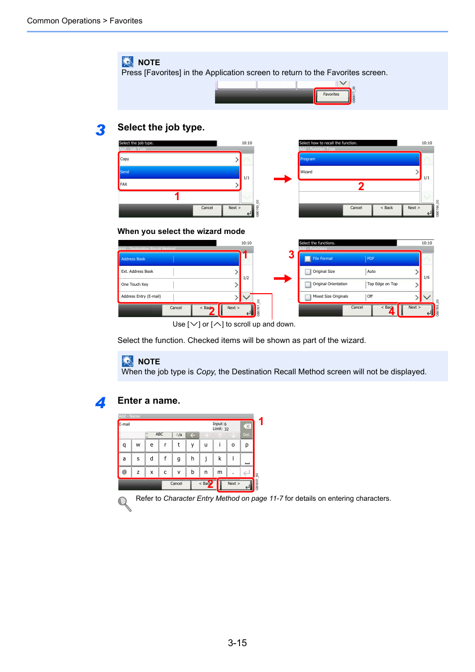 Select the job type, Enter a name, Common operations > favorites | Use [ ] or [ ] to scroll up and down | TA Triumph-Adler 206ci User Manual | Page 79 / 382