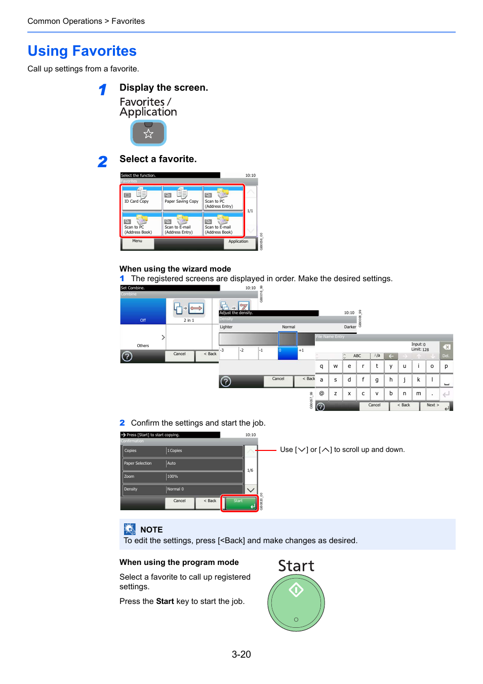 Using favorites, Using favorites -20, Display the screen | Select a favorite, Common operations > favorites, Call up settings from a favorite, Use [ ] or [ ] to scroll up and down | TA Triumph-Adler 206ci User Manual | Page 84 / 382