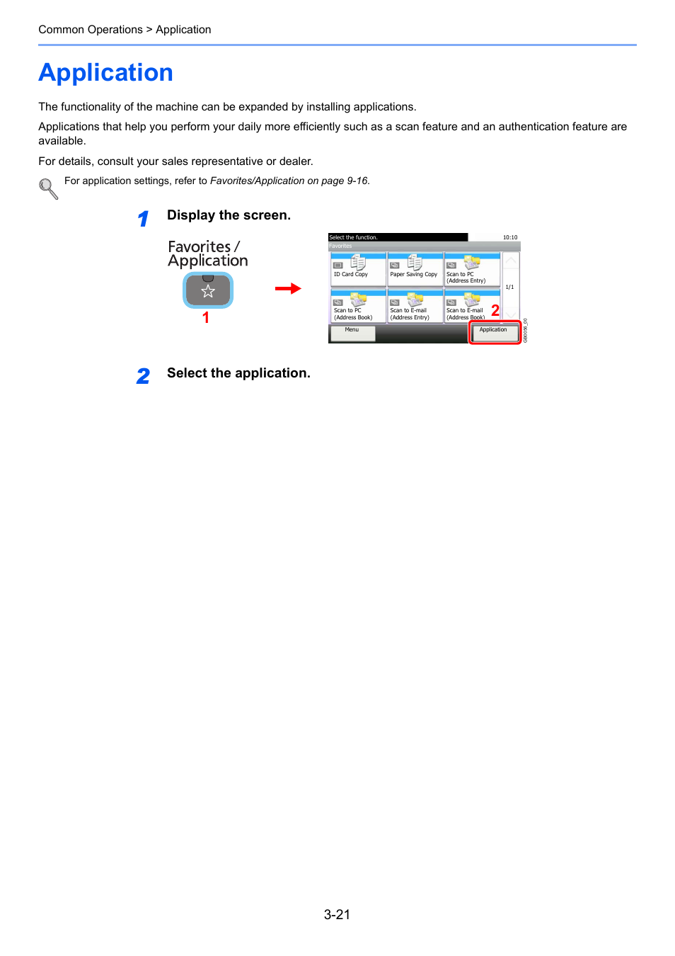 Application, Application -21, Display the screen | Select the application | TA Triumph-Adler 206ci User Manual | Page 85 / 382