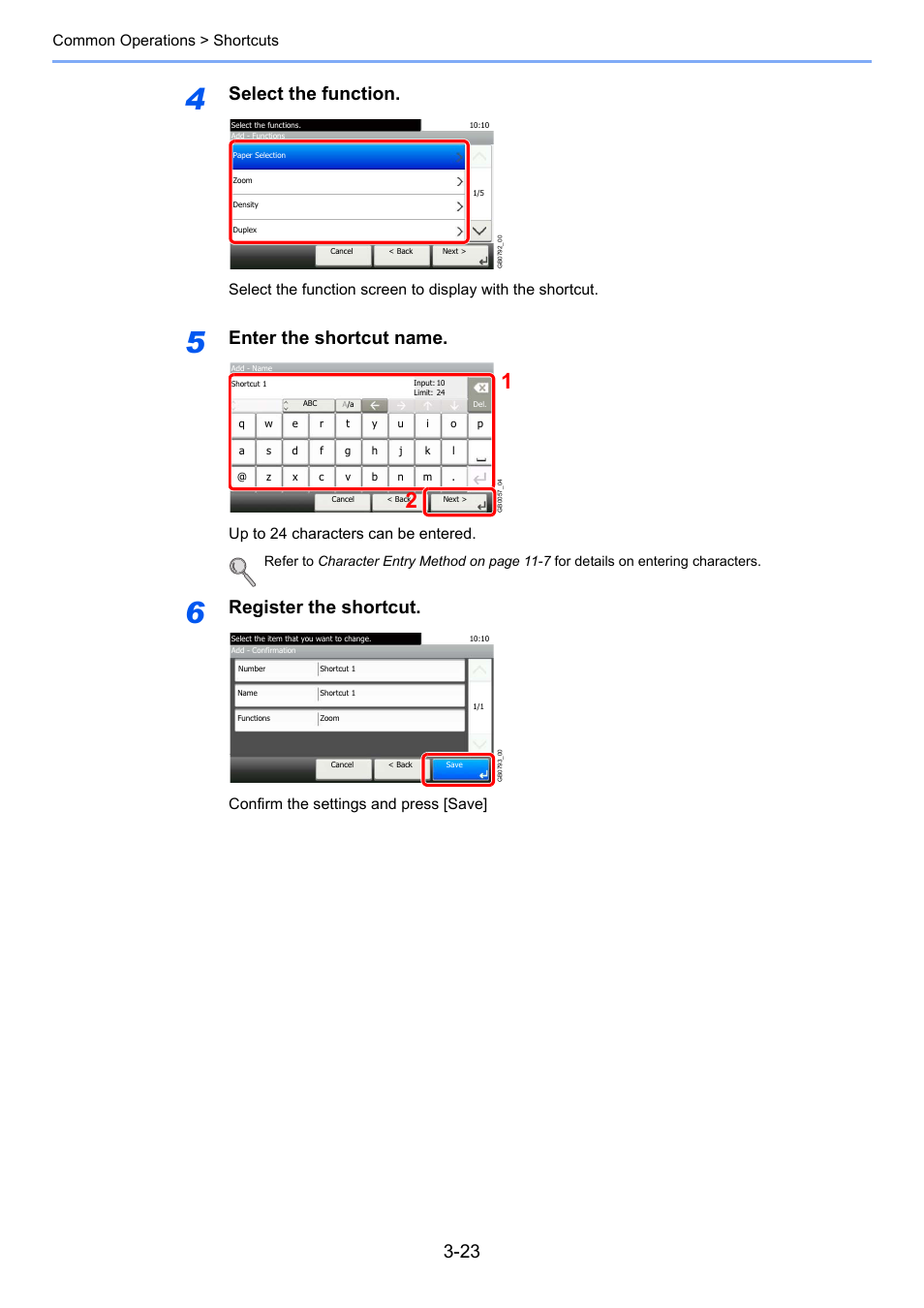 Select the function, Enter the shortcut name, Register the shortcut | Common operations > shortcuts, Up to 24 characters can be entered, Confirm the settings and press [save | TA Triumph-Adler 206ci User Manual | Page 87 / 382