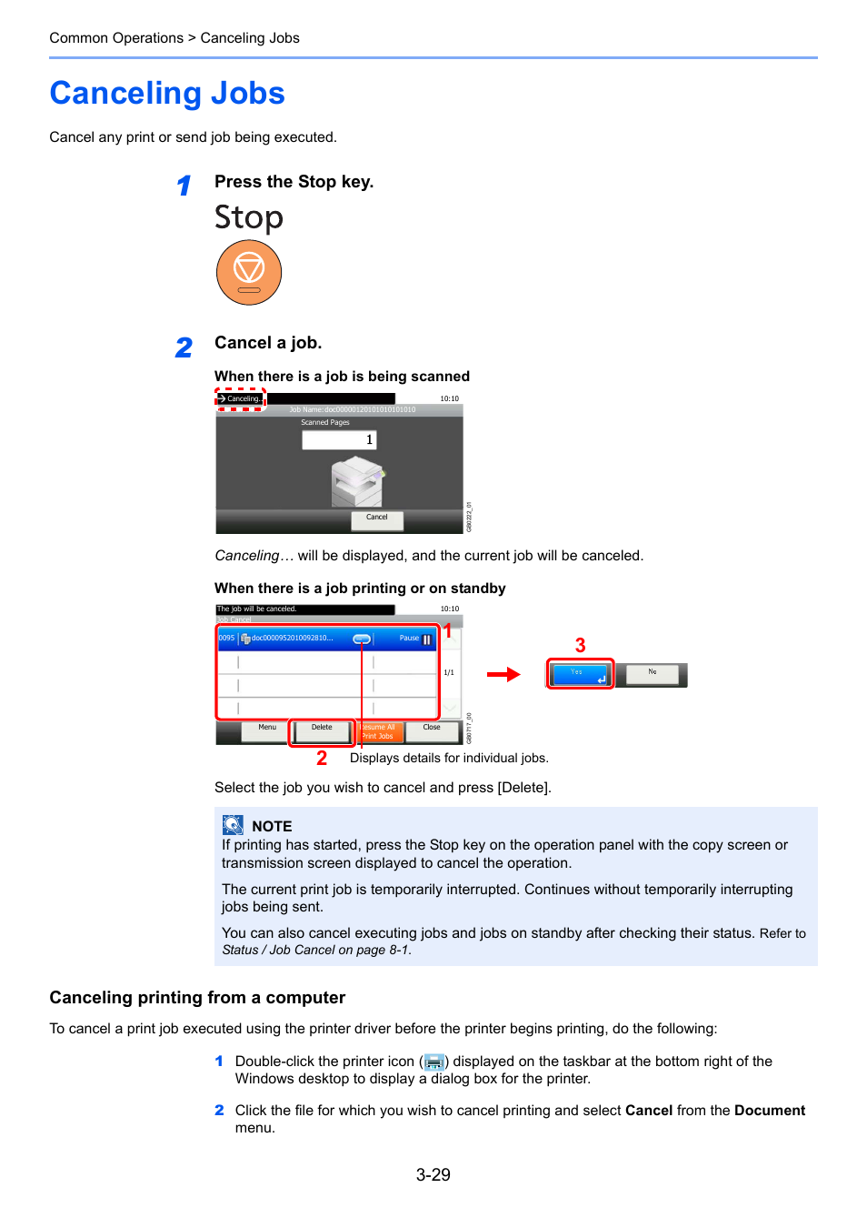 Canceling jobs, Canceling jobs -29, Press the stop key | Cancel a job, Canceling printing from a computer | TA Triumph-Adler 206ci User Manual | Page 93 / 382