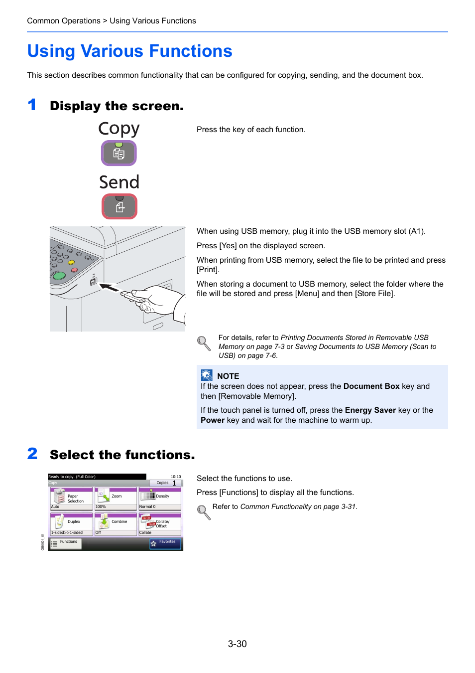 Using various functions, Using various functions -30, Display the screen | Select the functions | TA Triumph-Adler 206ci User Manual | Page 94 / 382