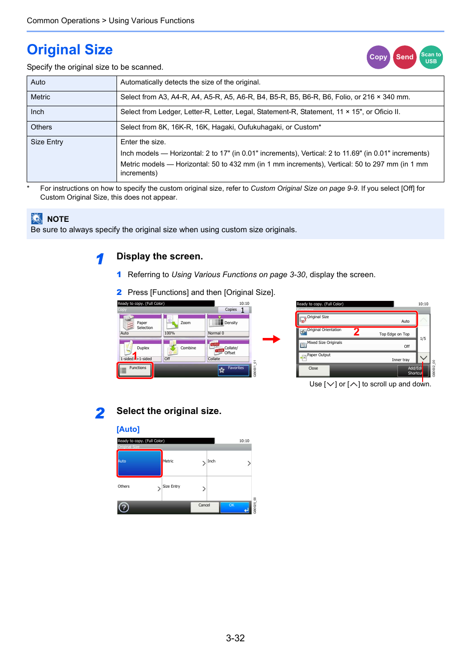 Original size, Original size -32, Display the screen | Select the original size, Common operations > using various functions, Specify the original size to be scanned, Auto | TA Triumph-Adler 206ci User Manual | Page 96 / 382