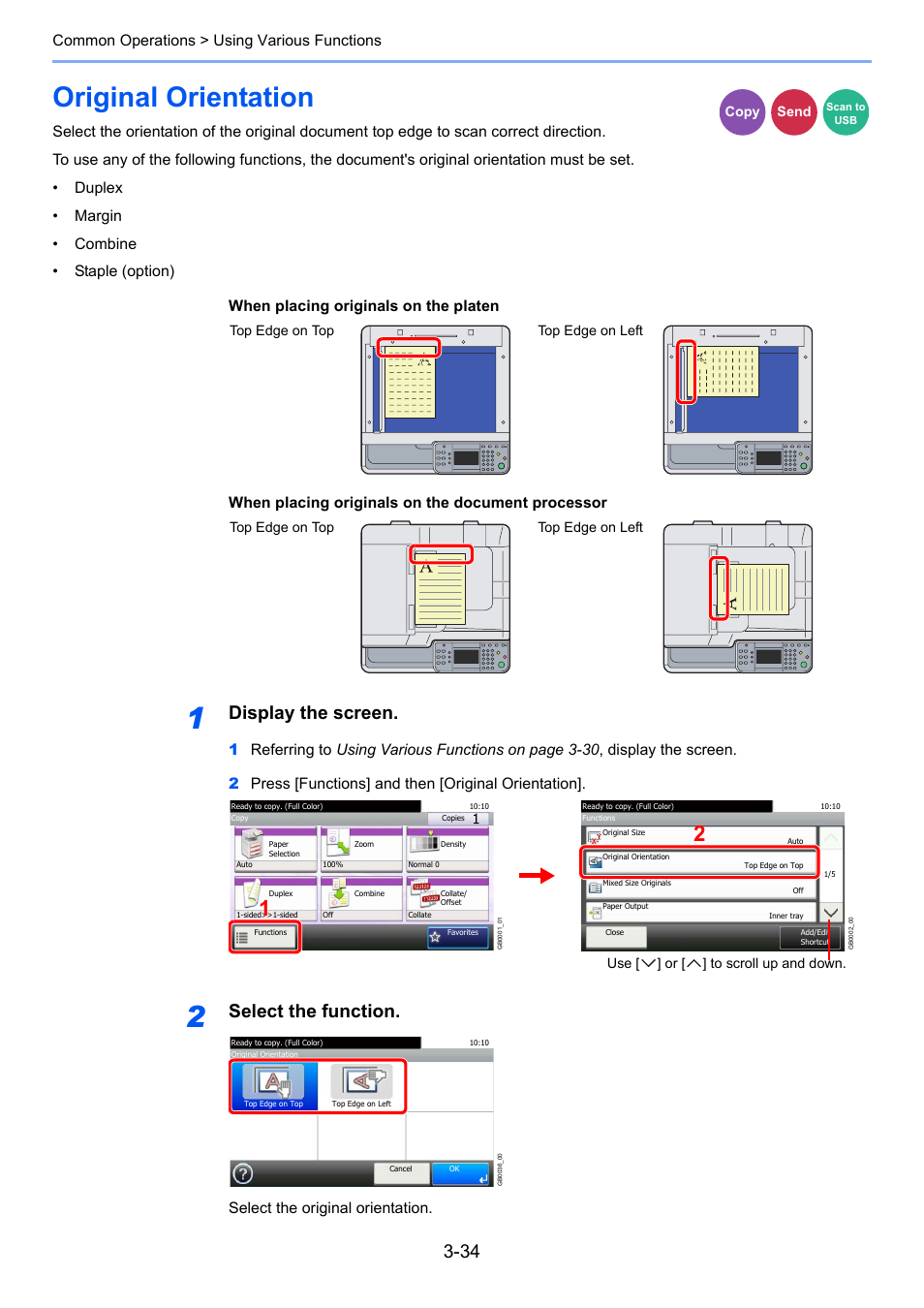 Original orientation, Original orientation -34, Display the screen | Select the function, Common operations > using various functions, Select the original orientation | TA Triumph-Adler 206ci User Manual | Page 98 / 382