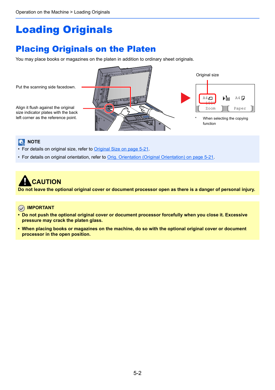 Loading originals, Placing originals on the platen, Loading originals -2 | Placing originals on the platen -2, Caution | TA Triumph-Adler 2256 User Manual | Page 108 / 267