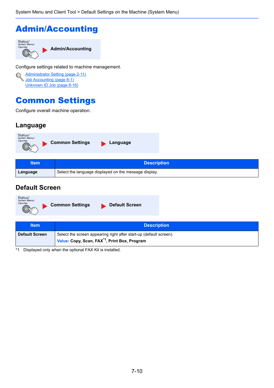 Admin/accounting, Common settings, Admin/accounting -10 common settings -10 | Default screen, Language default screen | TA Triumph-Adler 2256 User Manual | Page 174 / 267