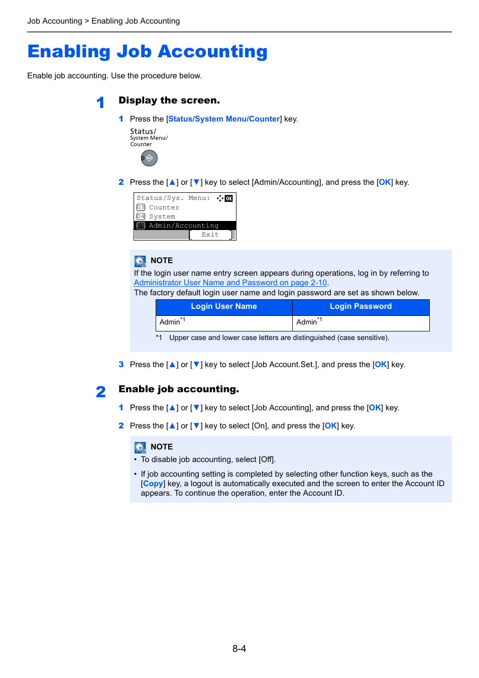 Enabling job accounting, Enabling job accounting -4, R to | Display the screen, Enable job accounting | TA Triumph-Adler 2256 User Manual | Page 200 / 267