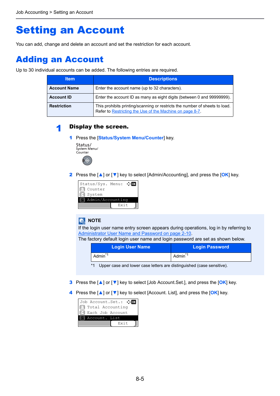 Setting an account, Adding an account, Setting an account -5 | Adding an account -5, Display the screen | TA Triumph-Adler 2256 User Manual | Page 201 / 267