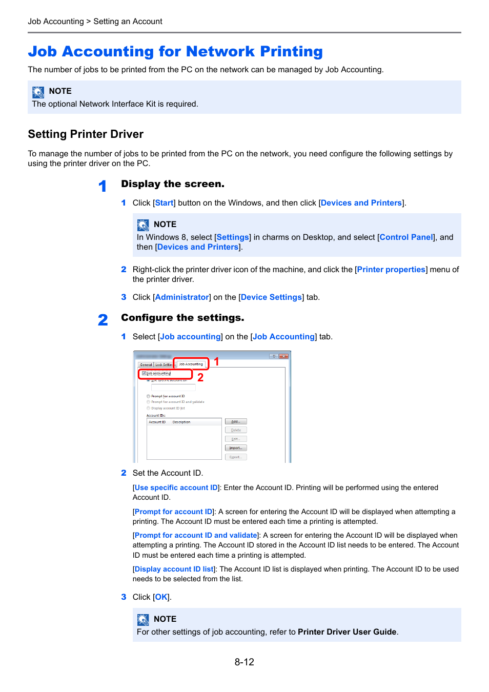 Job accounting for network printing, Job accounting for network printing -12, Refer to | Job accounting for network, Setting printer driver | TA Triumph-Adler 2256 User Manual | Page 208 / 267