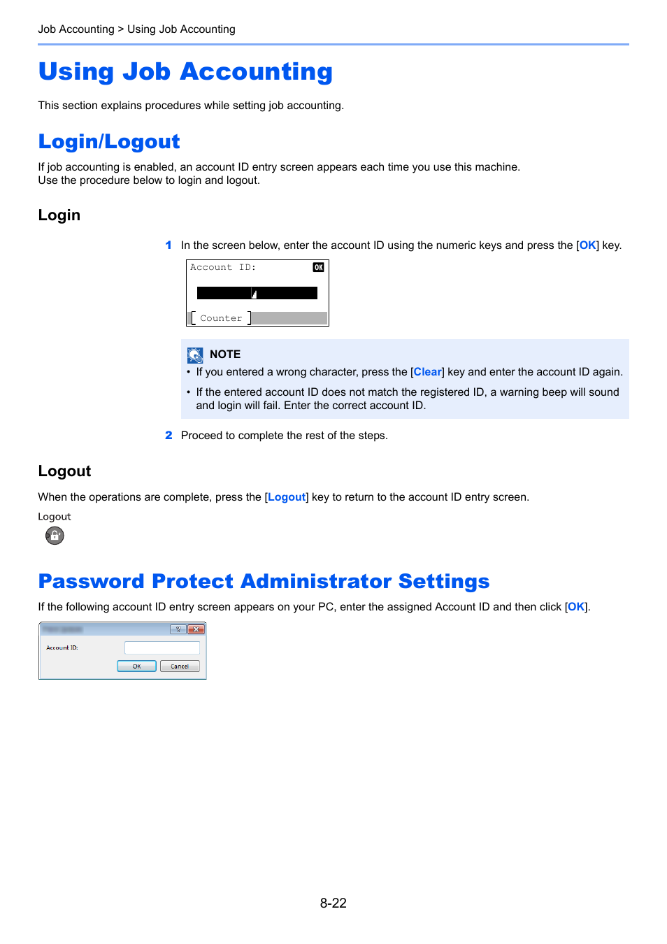 Using job accounting, Login/logout, Password protect administrator settings | Using job accounting -22, Using job accounting on, Password protect, Login, Logout | TA Triumph-Adler 2256 User Manual | Page 218 / 267