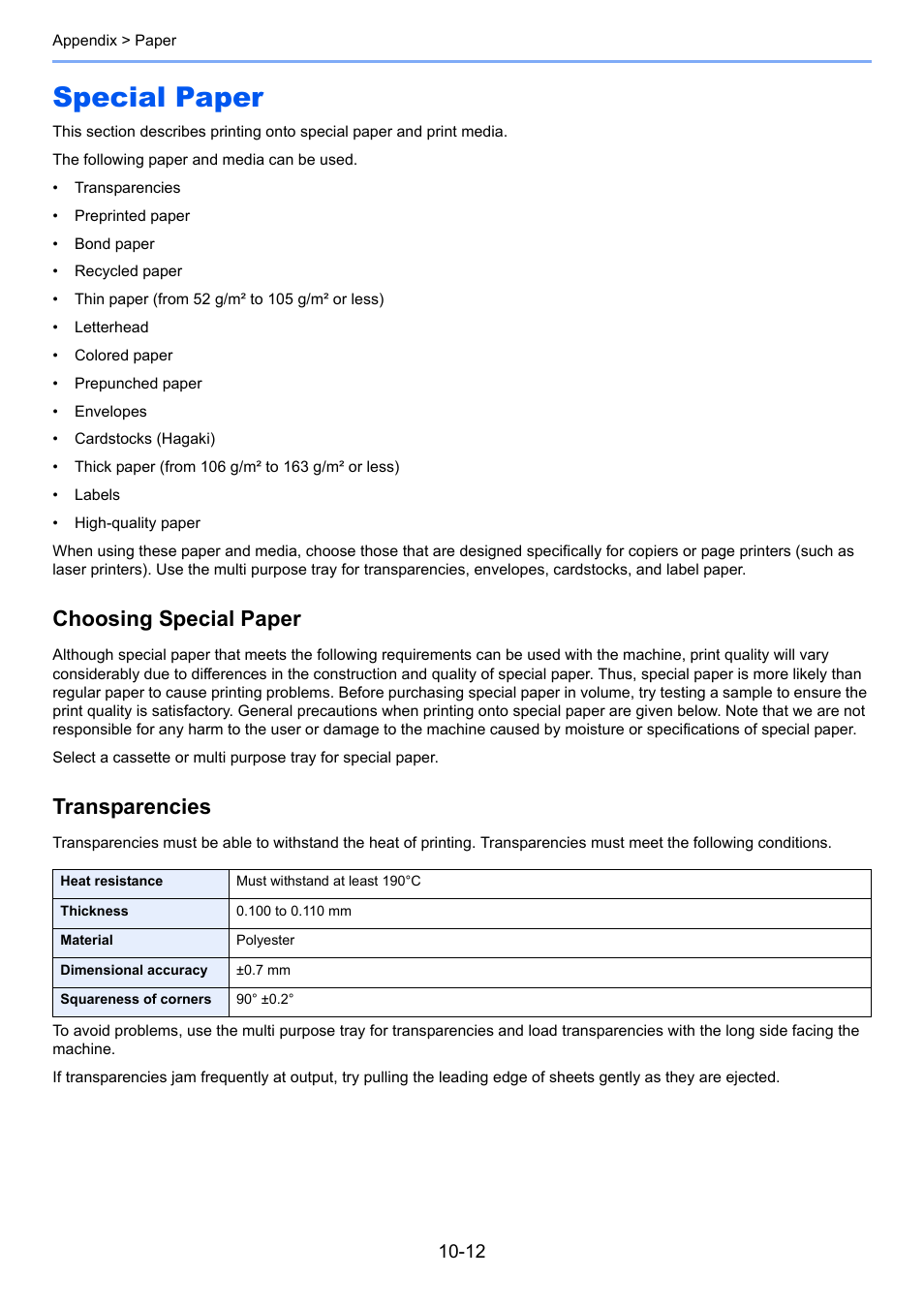 Special paper, Special paper -12, Choosing special paper | Transparencies | TA Triumph-Adler 2256 User Manual | Page 250 / 267