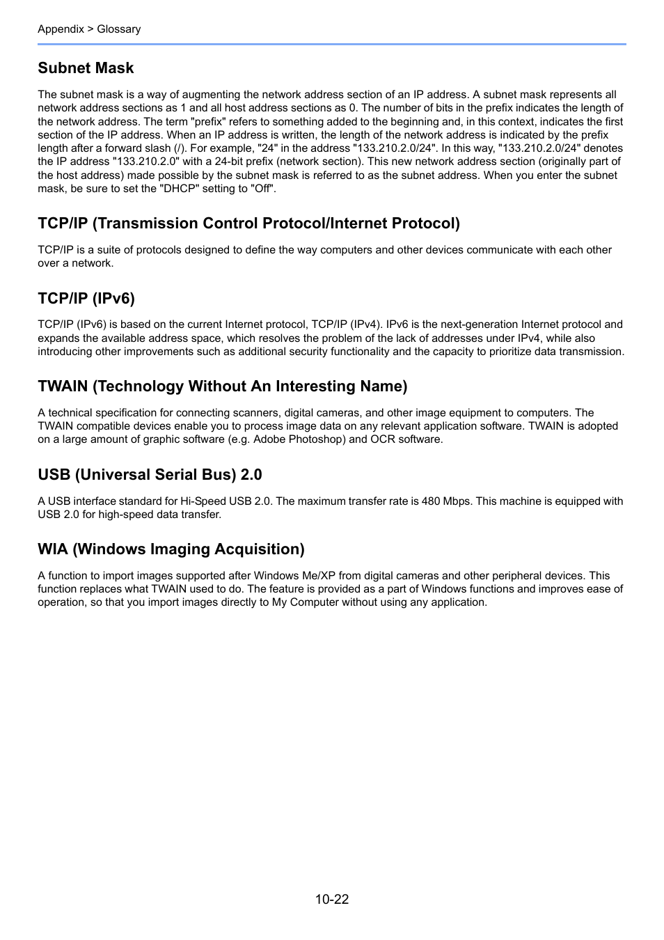 Subnet mask, Tcp/ip (ipv6), Twain (technology without an interesting name) | Usb (universal serial bus) 2.0, Wia (windows imaging acquisition) | TA Triumph-Adler 2256 User Manual | Page 260 / 267