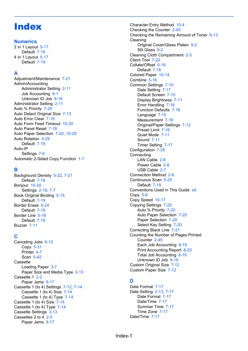 Index, Index-1, Numerics | TA Triumph-Adler 2256 User Manual | Page 261 / 267