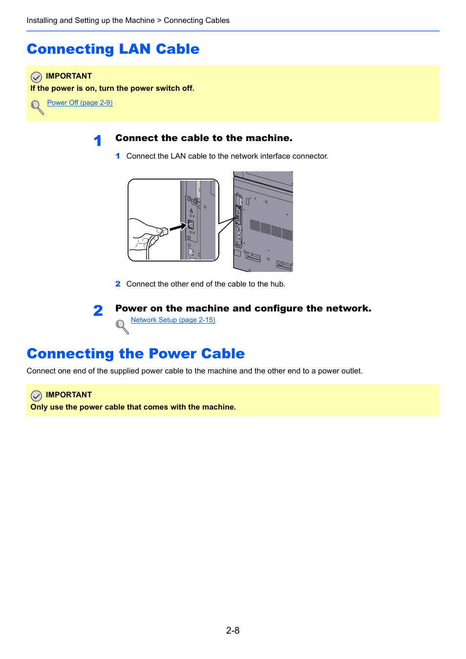 Connecting lan cable, Connecting the power cable | TA Triumph-Adler 2256 User Manual | Page 36 / 267