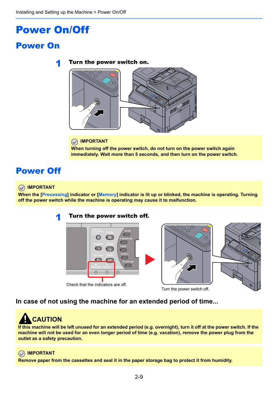 Power on/off, Power on, Power off | Power on/off -9, Power on -9 power off -9 | TA Triumph-Adler 2256 User Manual | Page 37 / 267