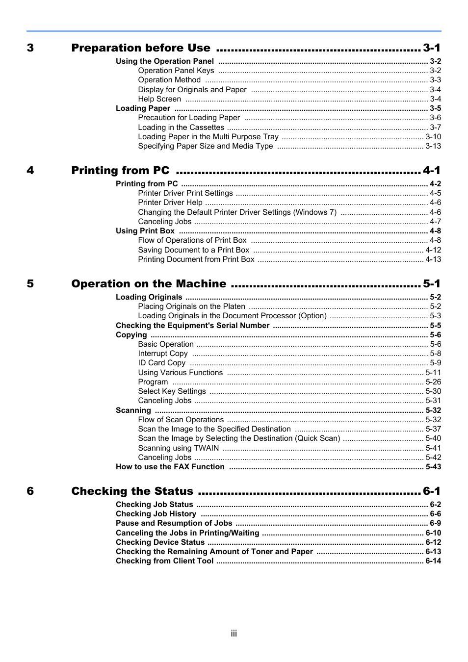 3preparation before use -1, 4printing from pc -1, 5operation on the machine -1 | 6checking the status -1 | TA Triumph-Adler 2256 User Manual | Page 4 / 267