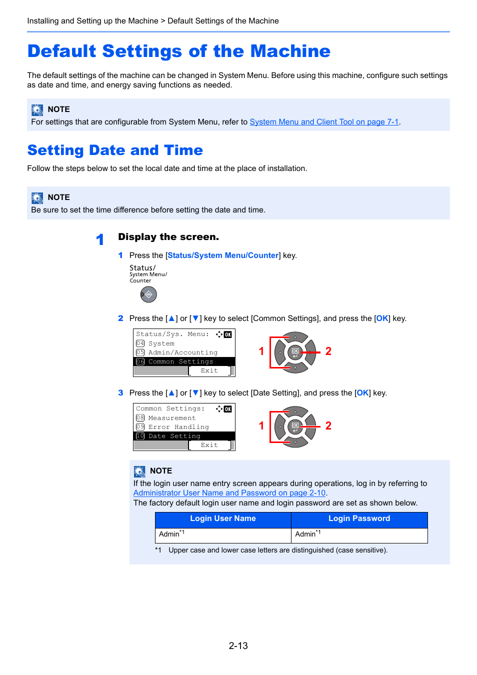 Default settings of the machine, Setting date and time, Default settings of the machine -13 | Setting date and time -13 | TA Triumph-Adler 2256 User Manual | Page 41 / 267