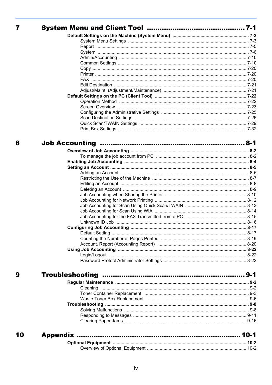 7system menu and client tool -1, 8job accounting -1, 9troubleshooting -1 | 10 appendix -1 | TA Triumph-Adler 2256 User Manual | Page 5 / 267