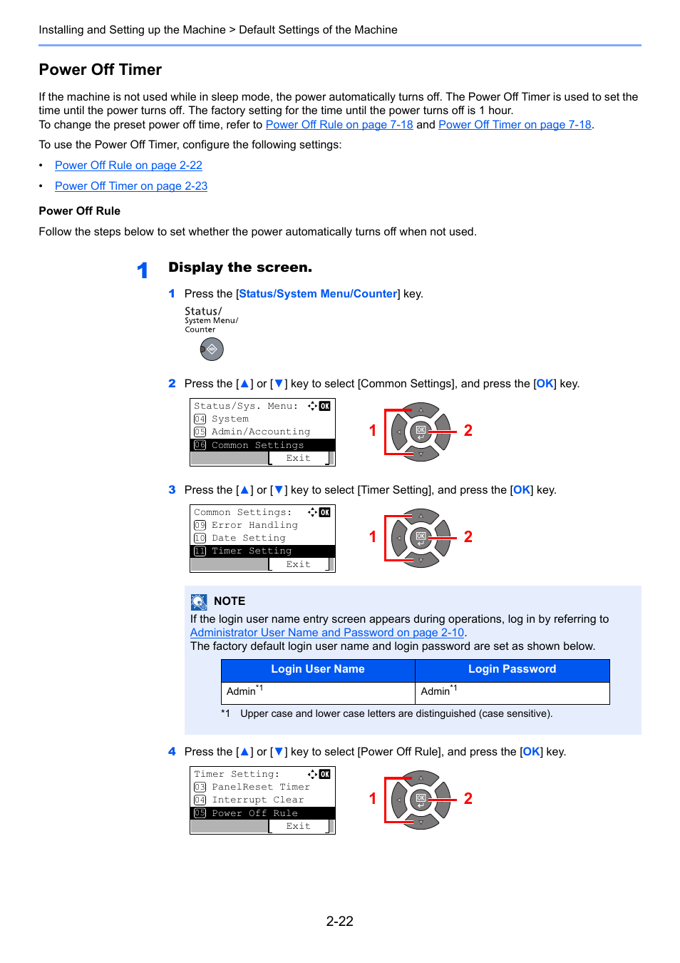 Power off timer, Display the screen | TA Triumph-Adler 2256 User Manual | Page 50 / 267