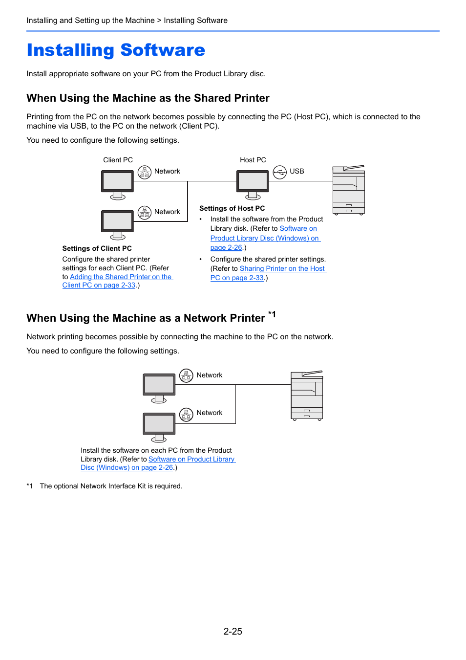 Installing software, Installing software -25, When using the machine as the shared printer | When using the machine as a network printer | TA Triumph-Adler 2256 User Manual | Page 53 / 267